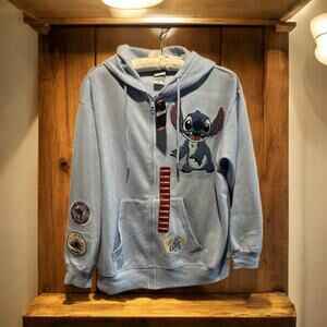 Disney LILO STITCH Womens XL Light Blue Full Zip Sweatshirt Hoodie Patches‎ NWT